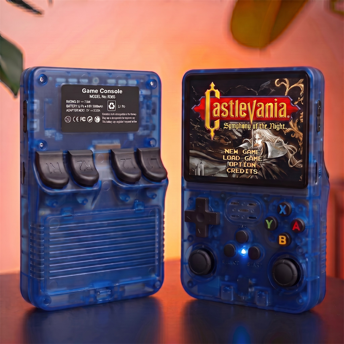 Add games to R36S - blue console, front and back view