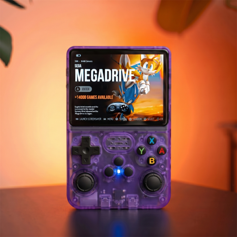 R36S retro handheld game console in purple, front view