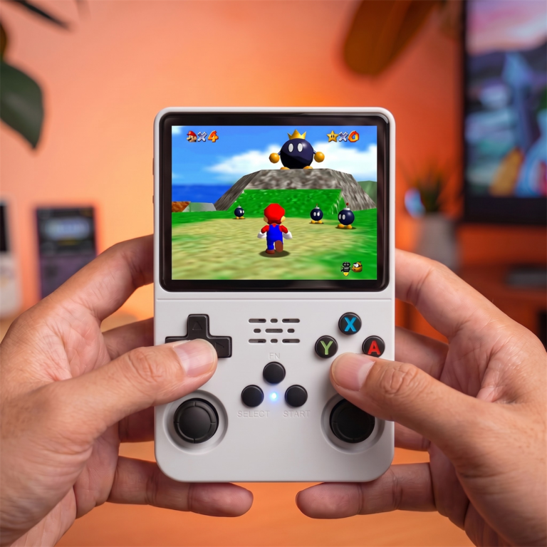 Playing the white R36S retro handheld