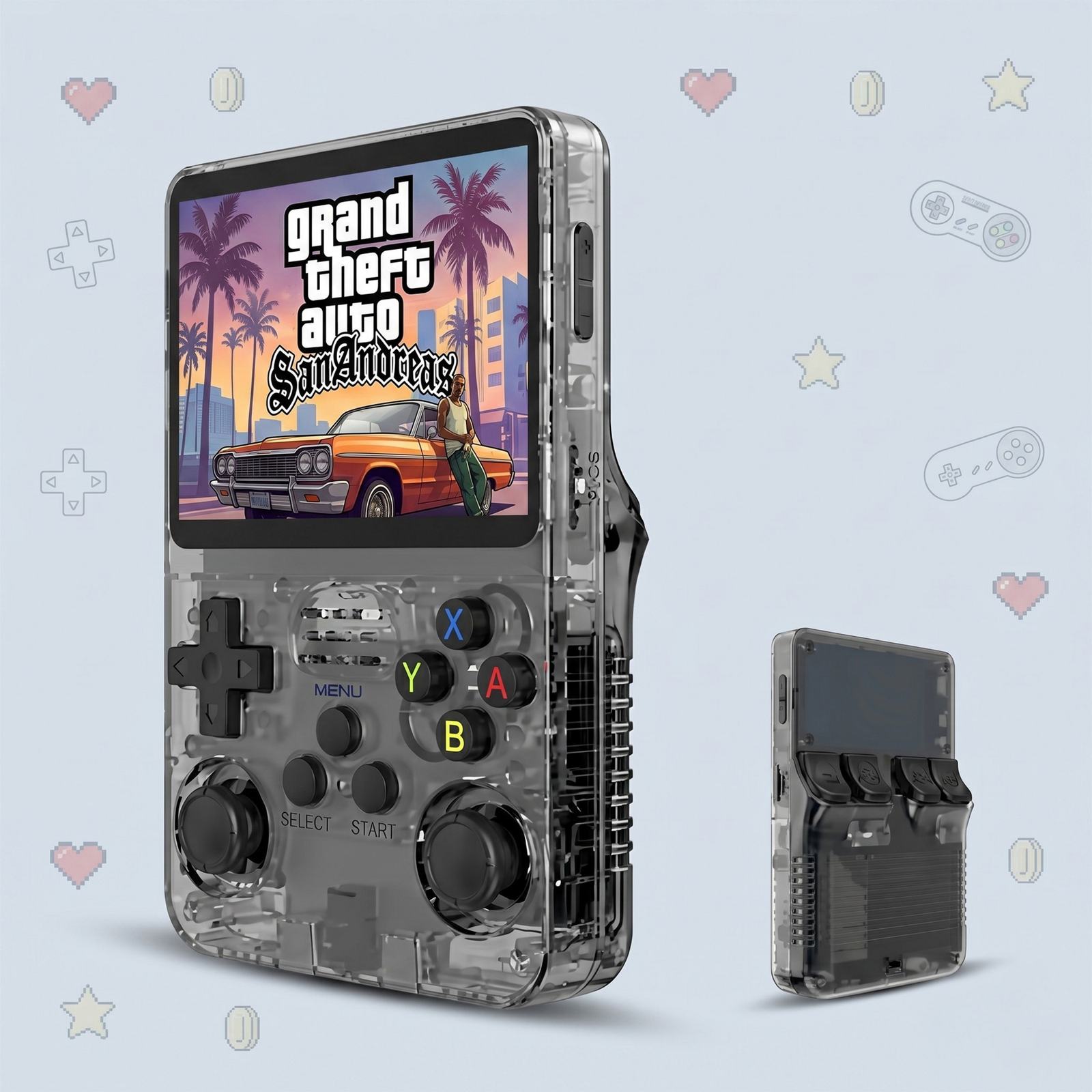R36S retro handheld game console in black, front and back view