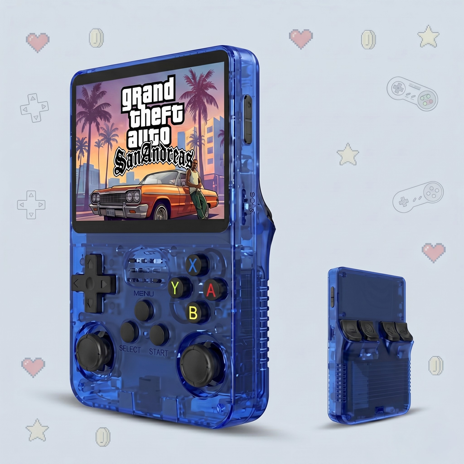 R36S retro handheld game console in blue