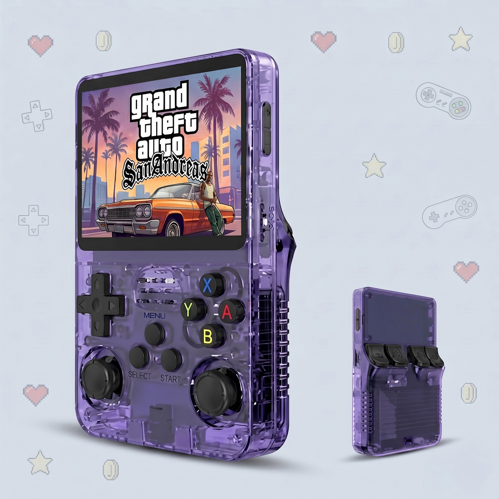 R36S retro handheld game console in purple