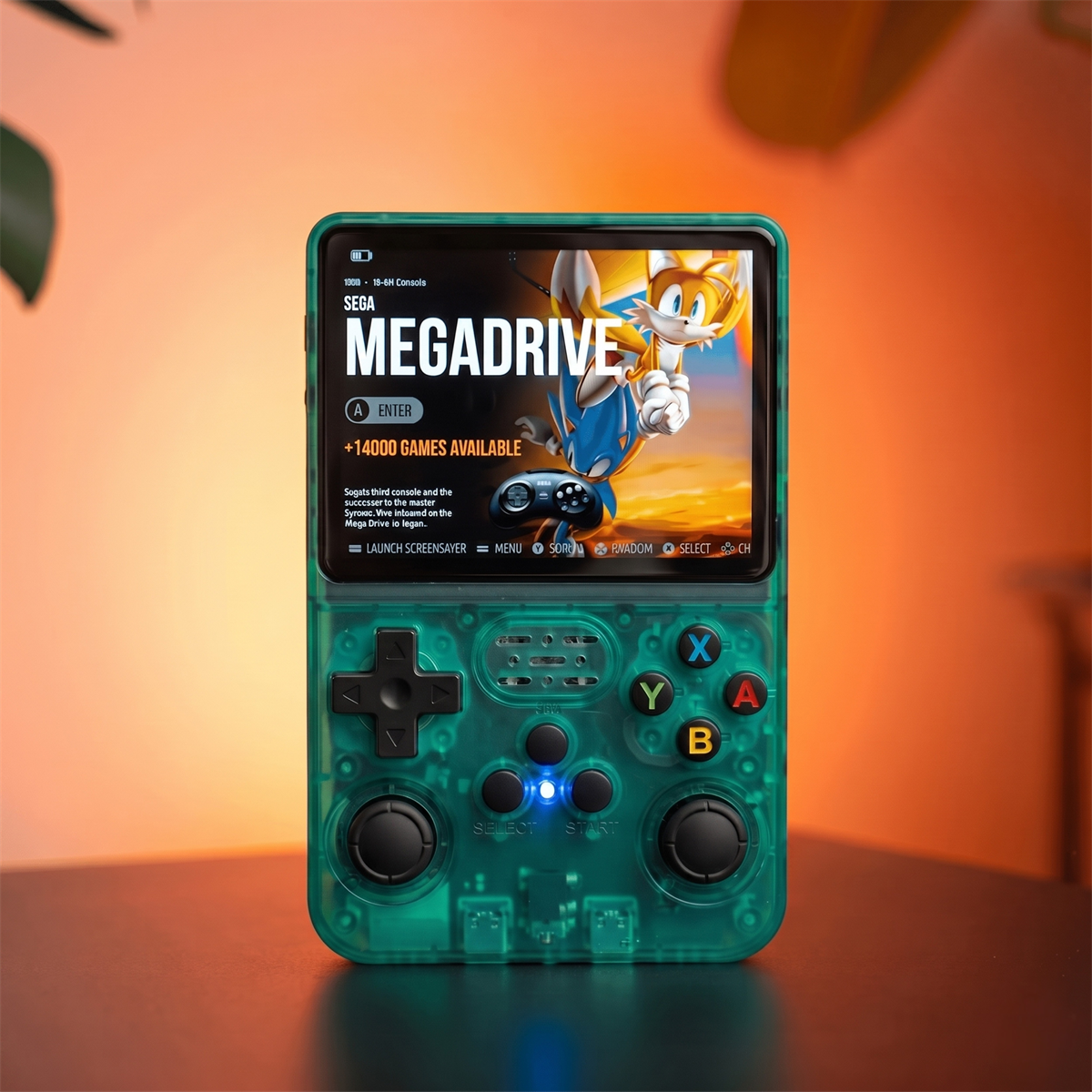 R36S retro handheld game console in green, a translucent color option